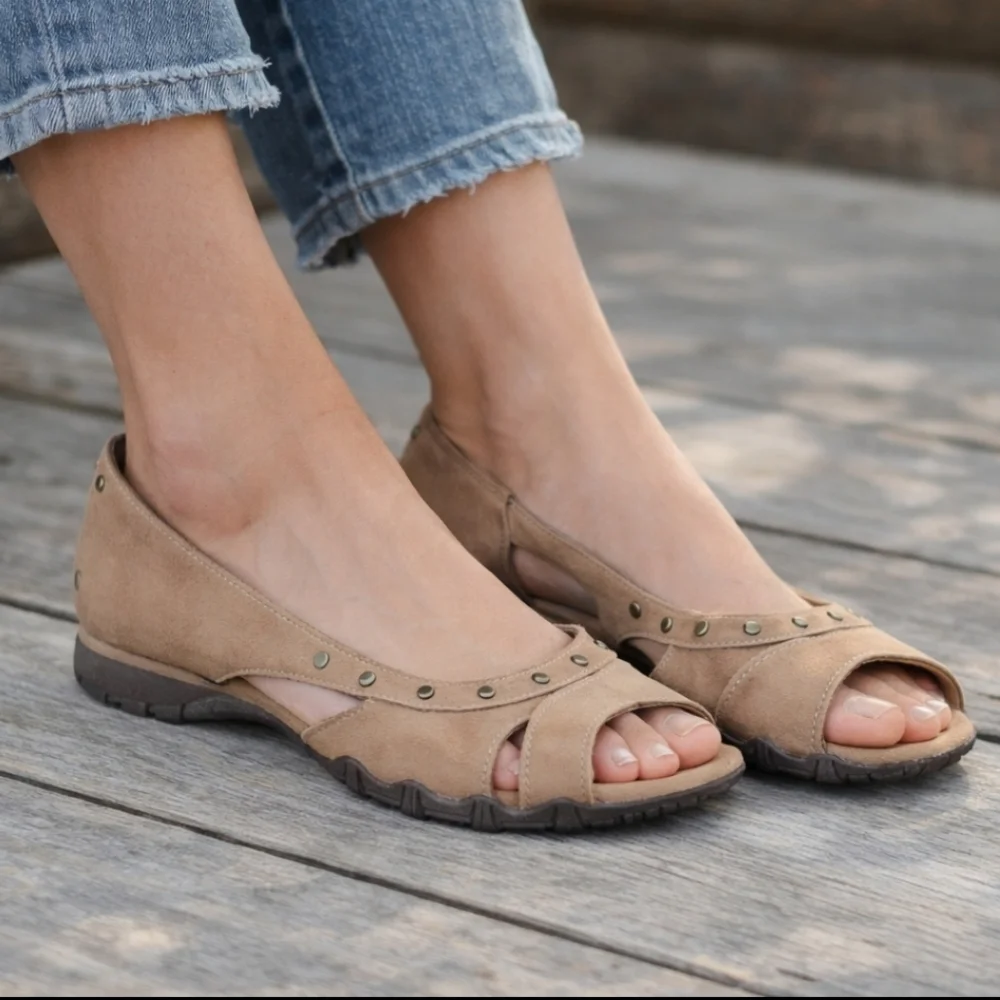 Skechers Bikers Y2K Boho Minimalist Nubuck Studded Peep Toe Comfort Flats 9.5M